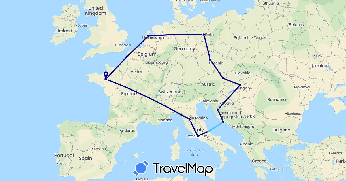 TravelMap itinerary: driving, boat in Austria, Czech Republic, Germany, France, Croatia, Hungary, Italy, Netherlands (Europe)